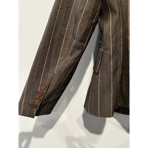 Size 8 Blazer Pleated Skirt Suit Set Brown Striped Career Office Siren Boardroom - Picture 8 of 14